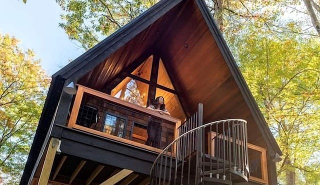 Eco-Friendly Solar Powered A-Frame Treehouse with Hot Tub and Private Dock on Littlefield Pond, near Wells, Maine